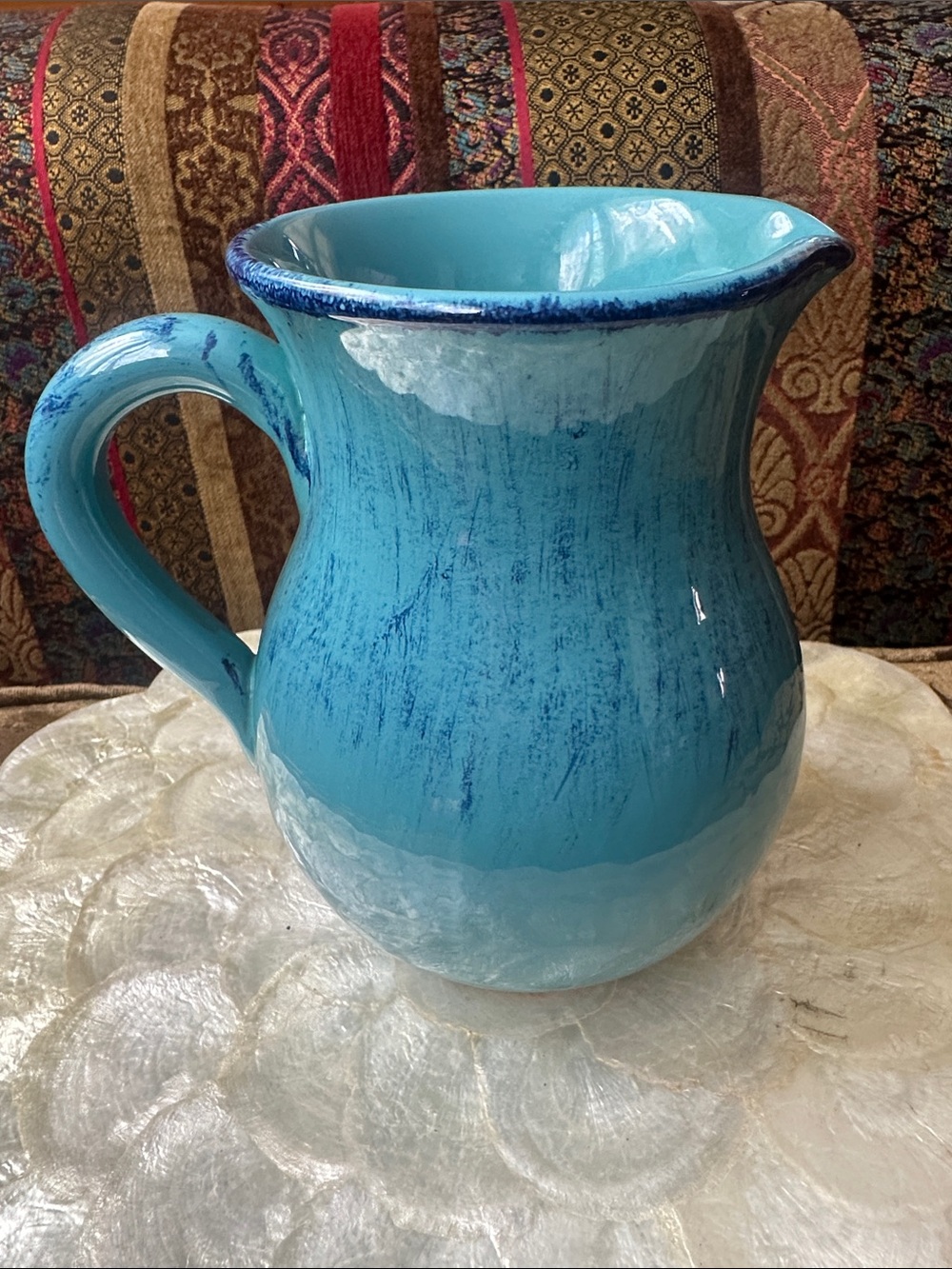 Handmade Turquoise Ceramic Pitcher with Deep Blue Rim made in Italy